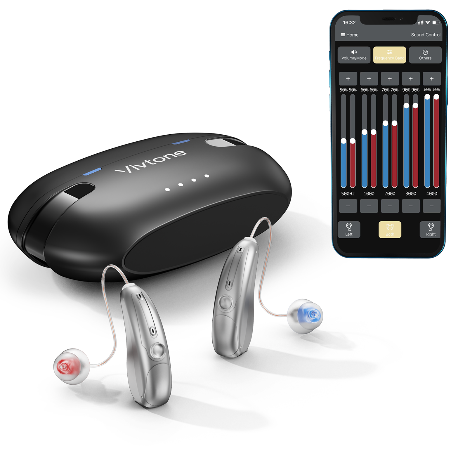 Vivtone Xpure-b Bluetooth hearing aids with sound control interface on phone