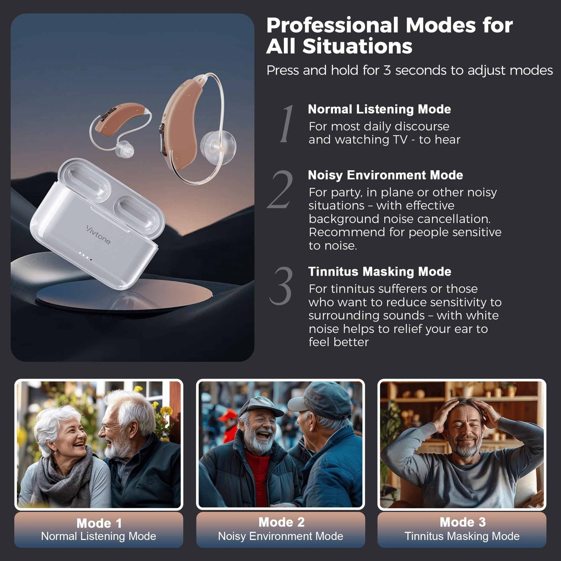 Vivtone hearing aids with modes: normal, noisy environment, tinnitus