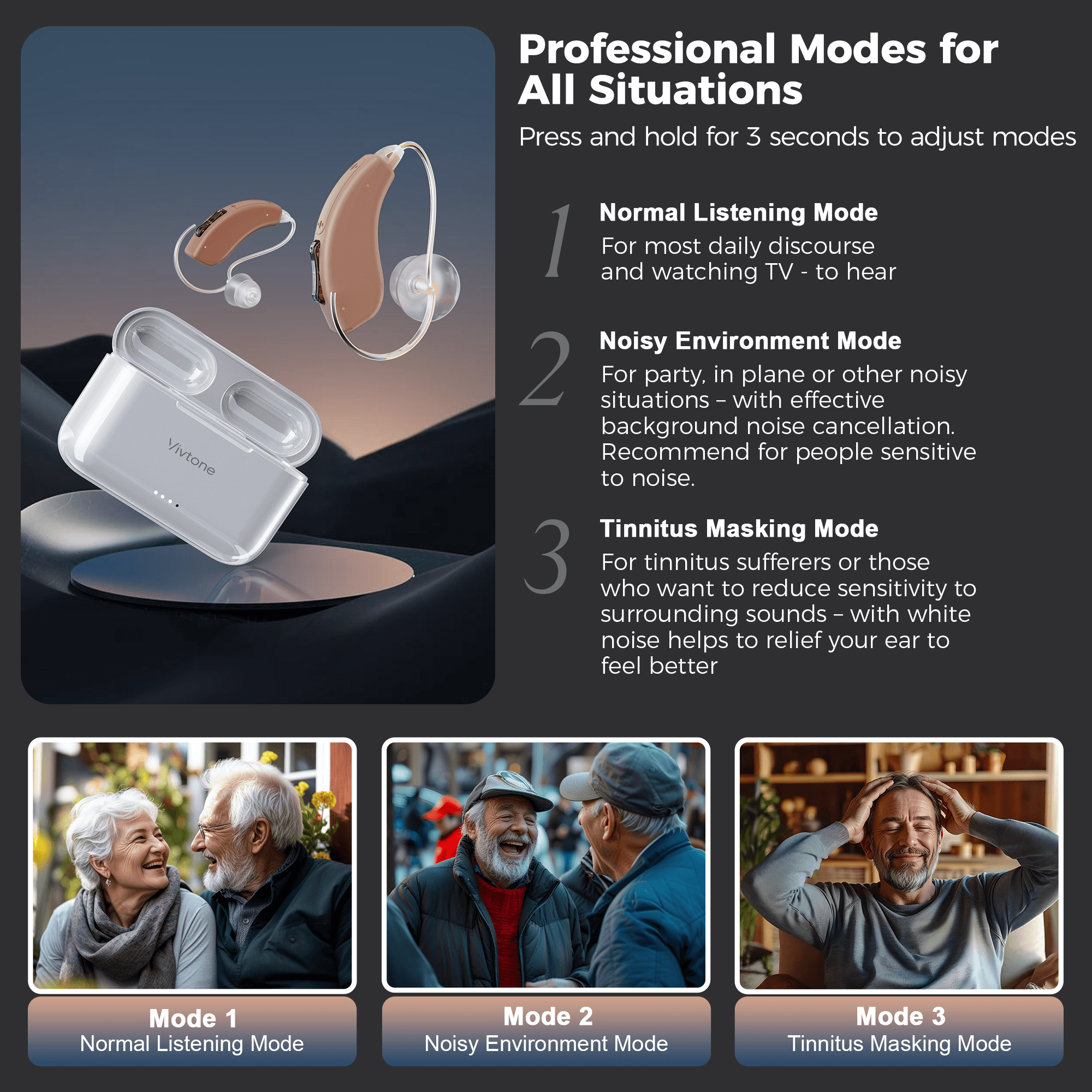 Vivtone hearing aids, professional modes for all situations