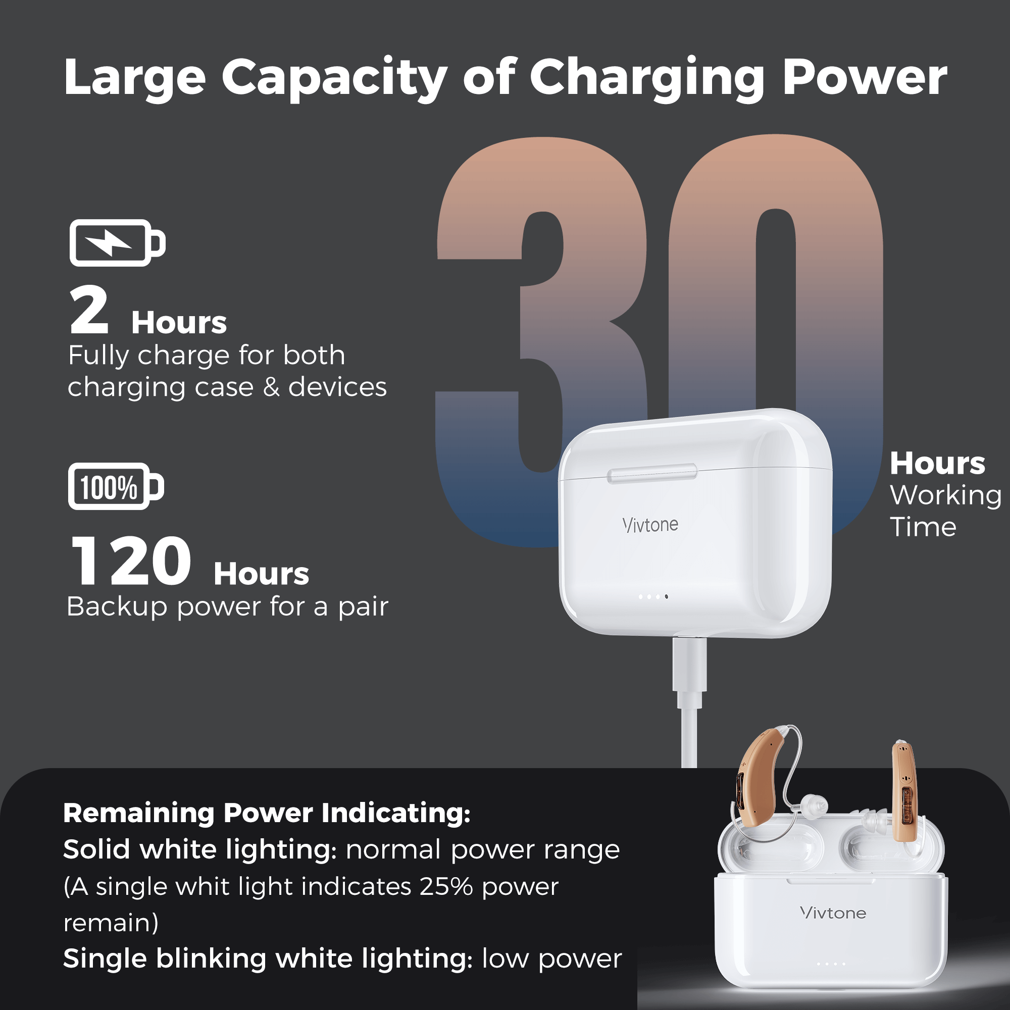 Vivtone hearing aids charging case power details