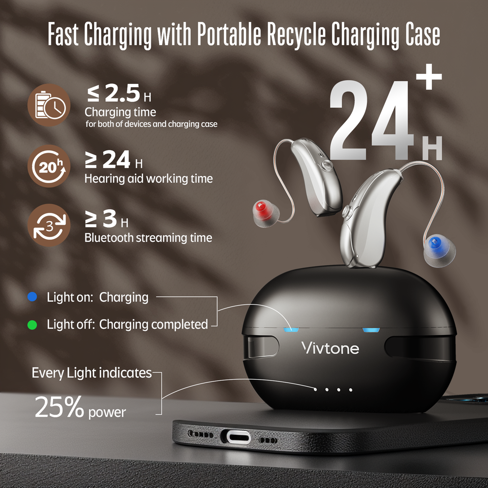 Vivtone Xpure-b hearing aid charging case with 24+ hour battery
