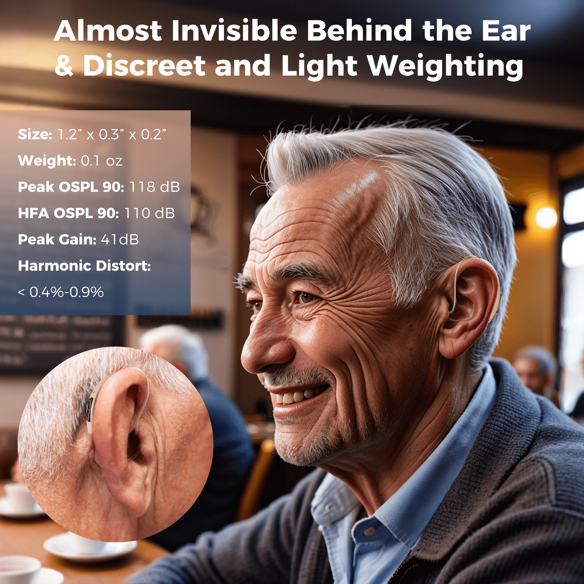 Vivtone hearing aid discreetly behind the ear, lightweight design
