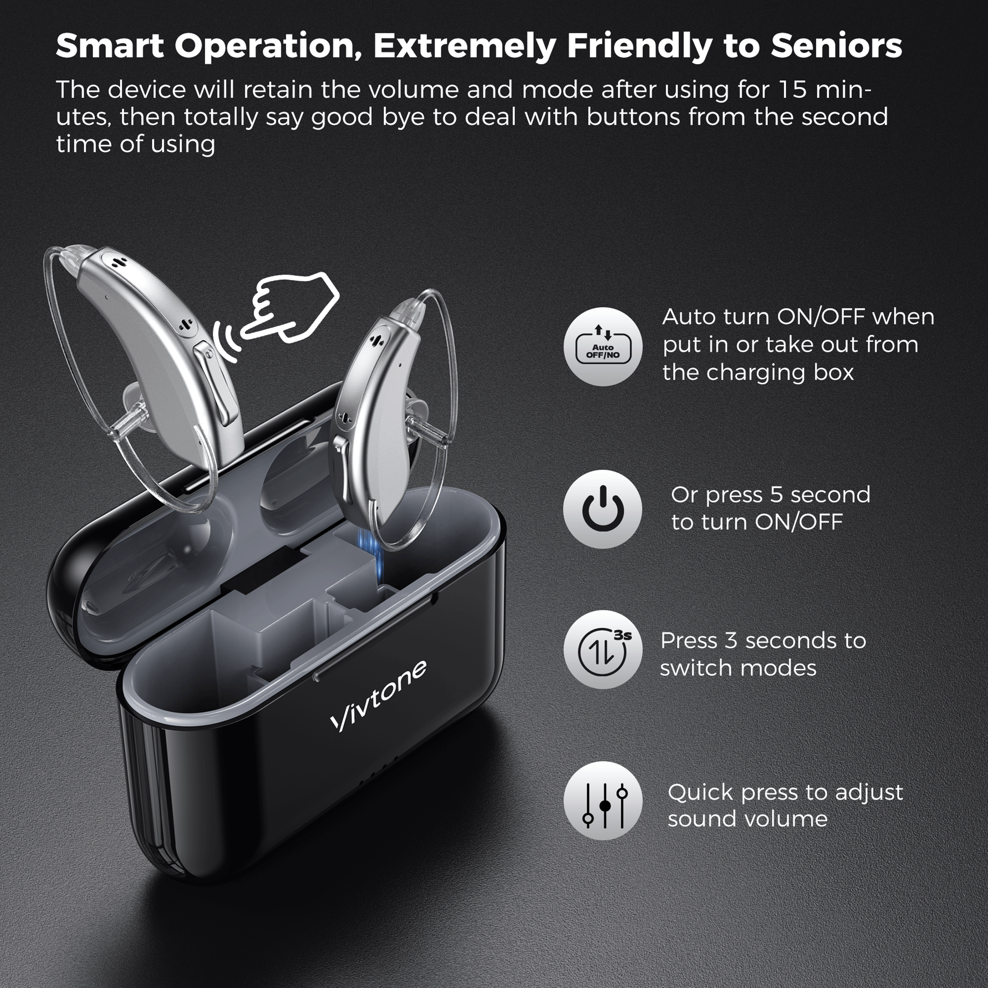 Vivtone Lucid508-Silver hearing aids: Easy Operation for Seniors