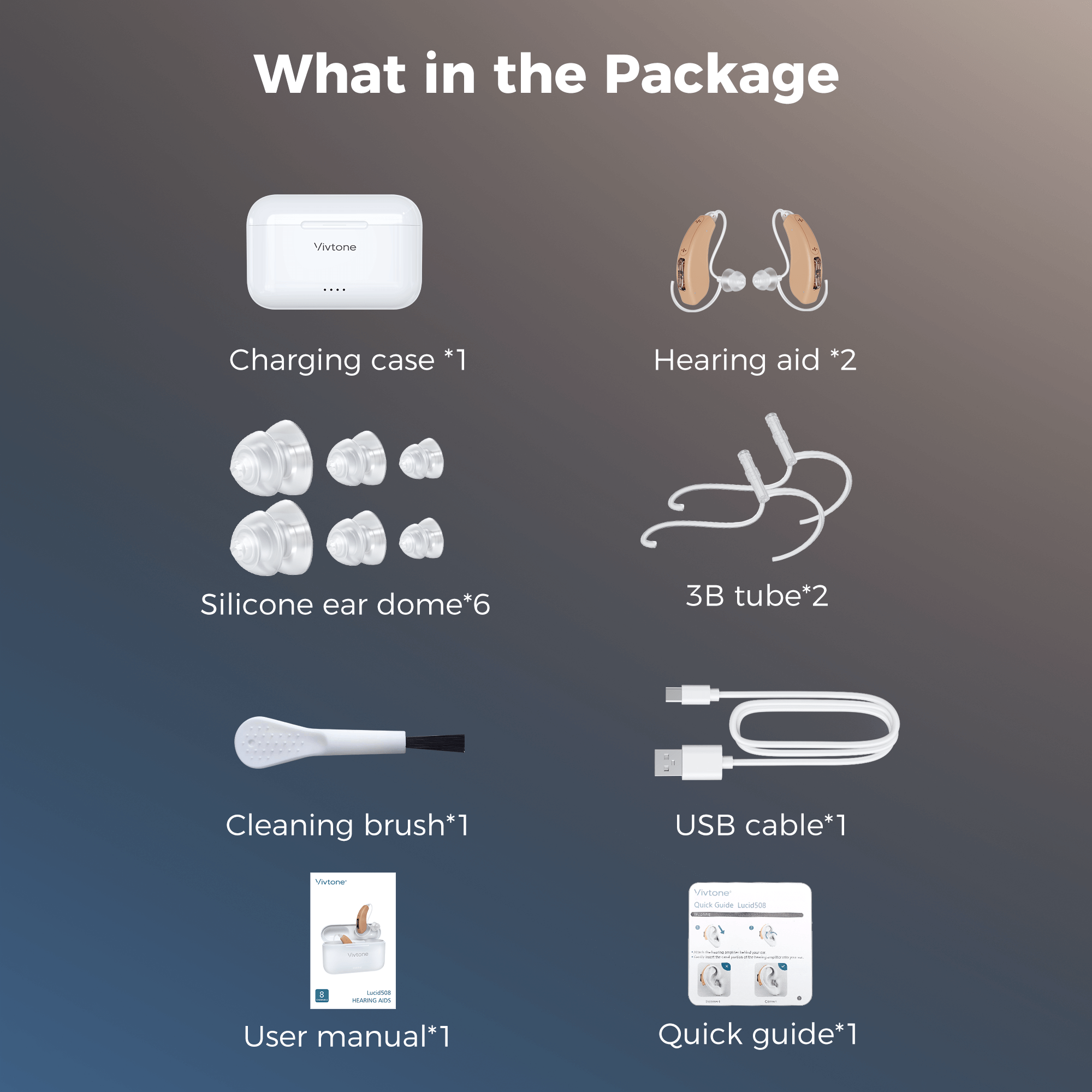 Vivtone Lucid508j hearing aid package contents, hearing solutions