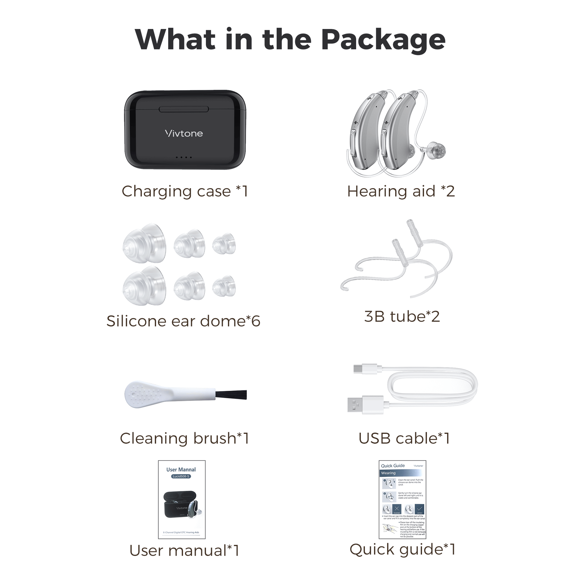 Vivtone Lucid508-Silver hearing aid package contents