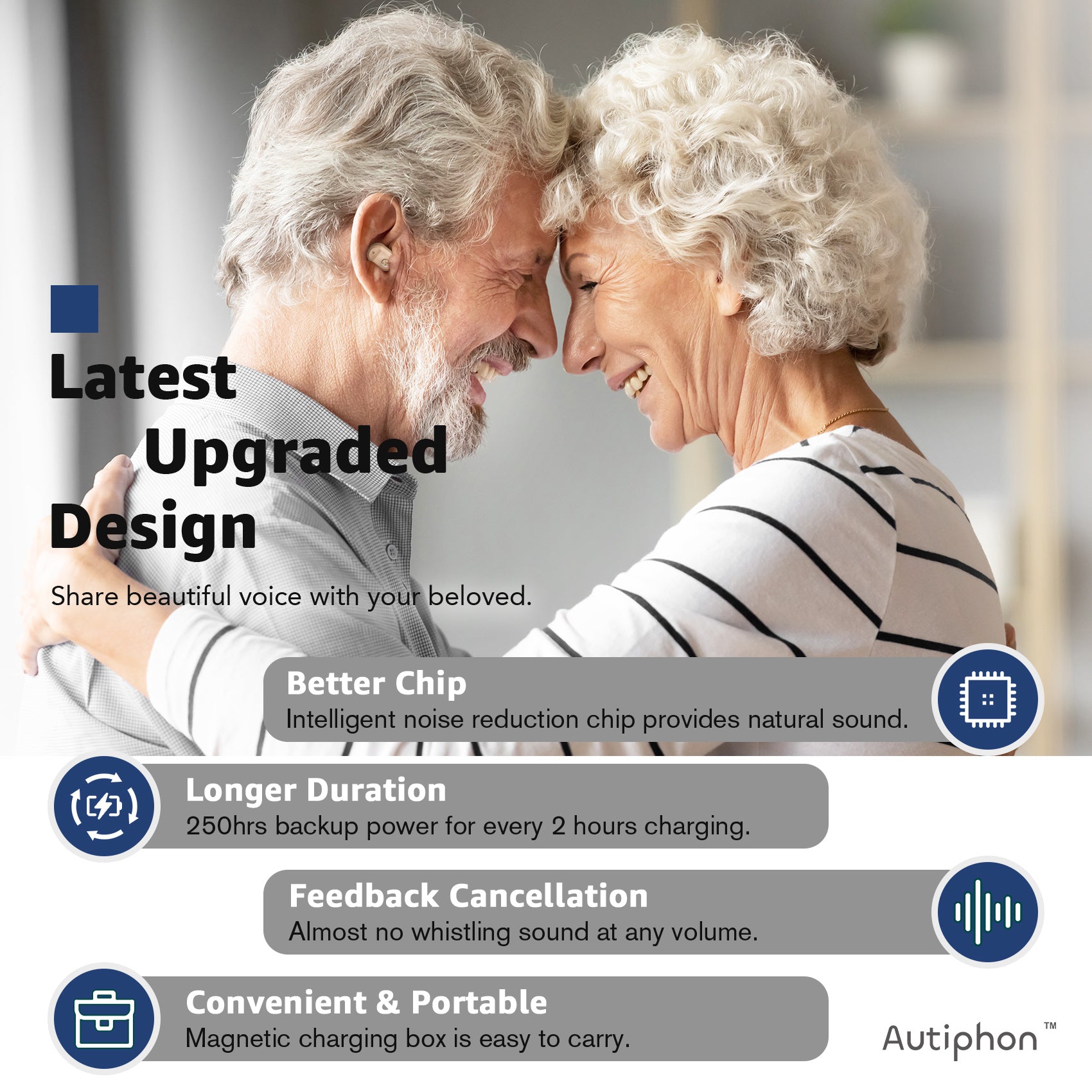 Elderly couple embracing, enjoying clear sound with hearing aids