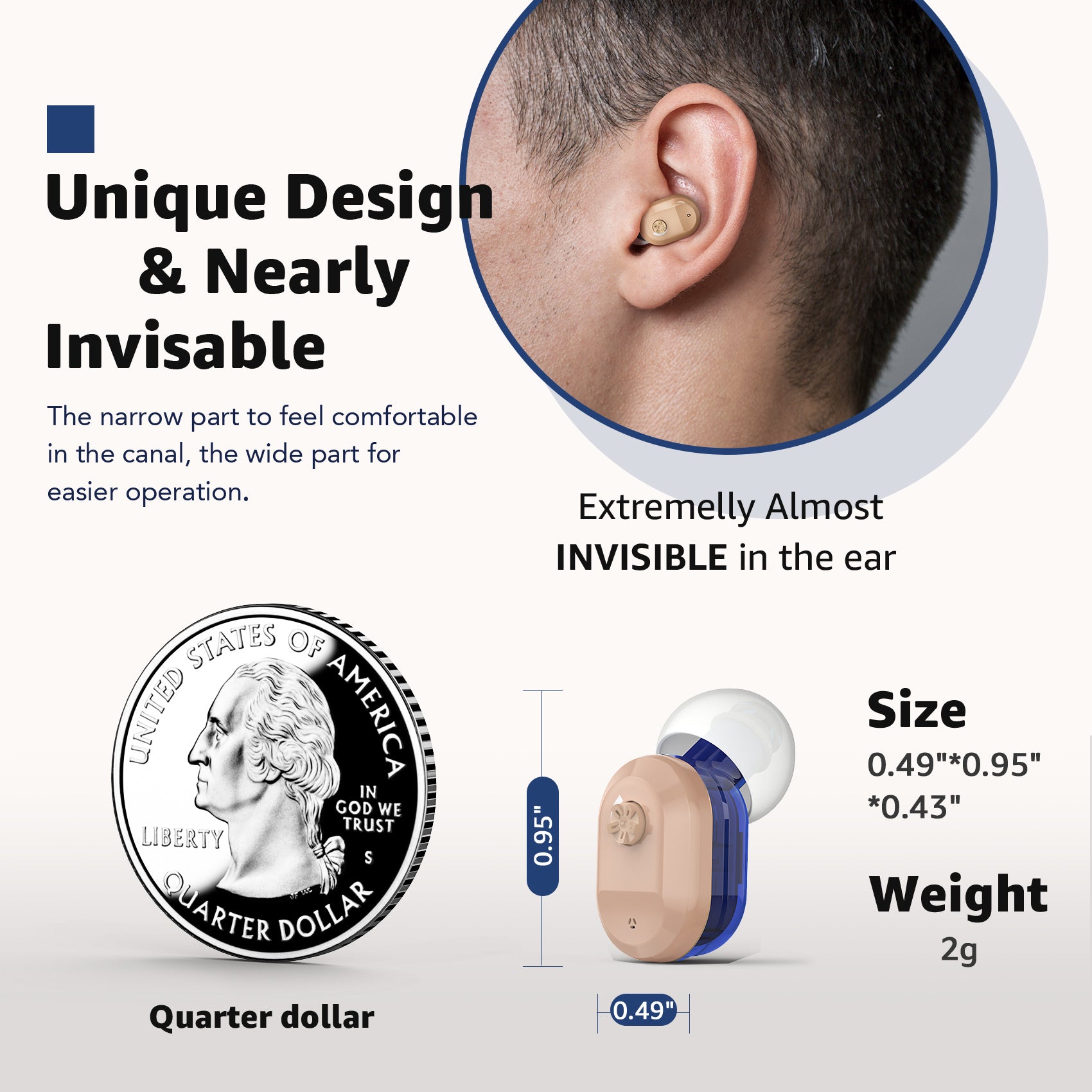 Autiphon U03 ITC hearing aid, nearly invisible in the ear, size comparison.