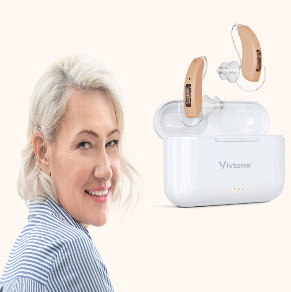 Vivtone hearing aids for tinnitus relief, woman wearing hearing aid