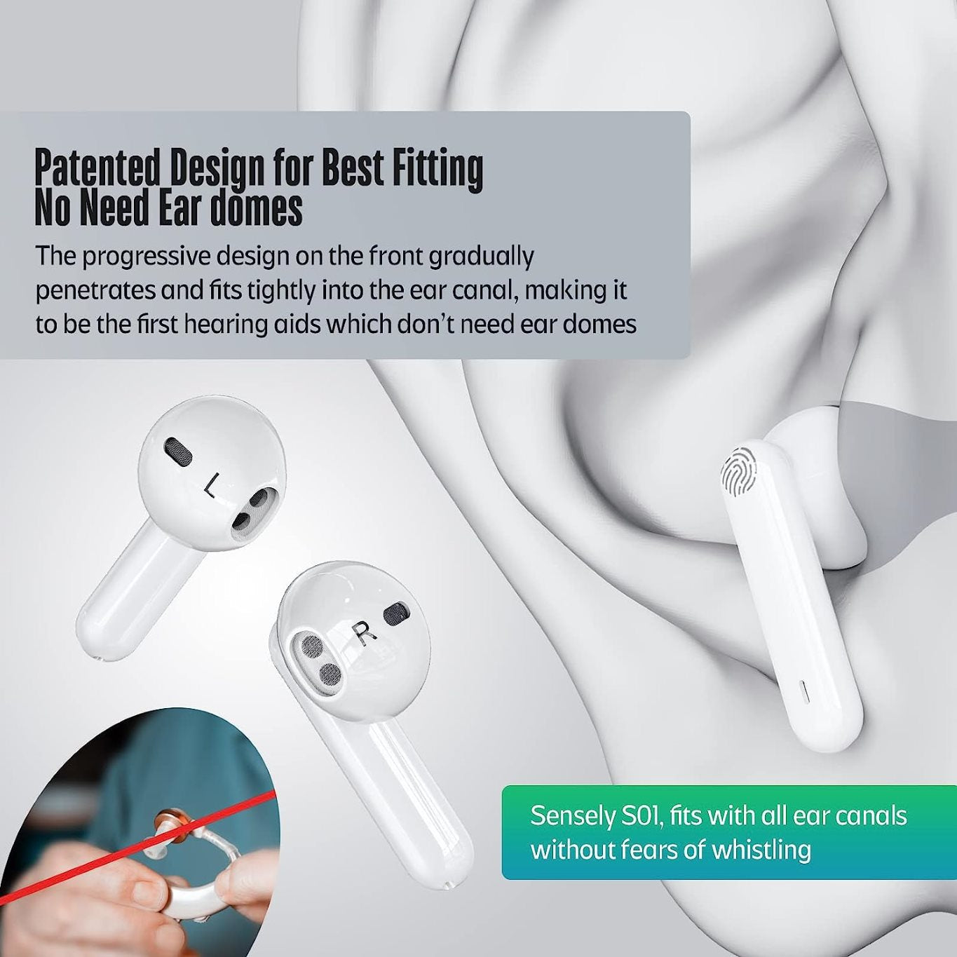 Sensley S01-K Hearing Aid design, comfortable fit without ear domes, OTC hearing aids