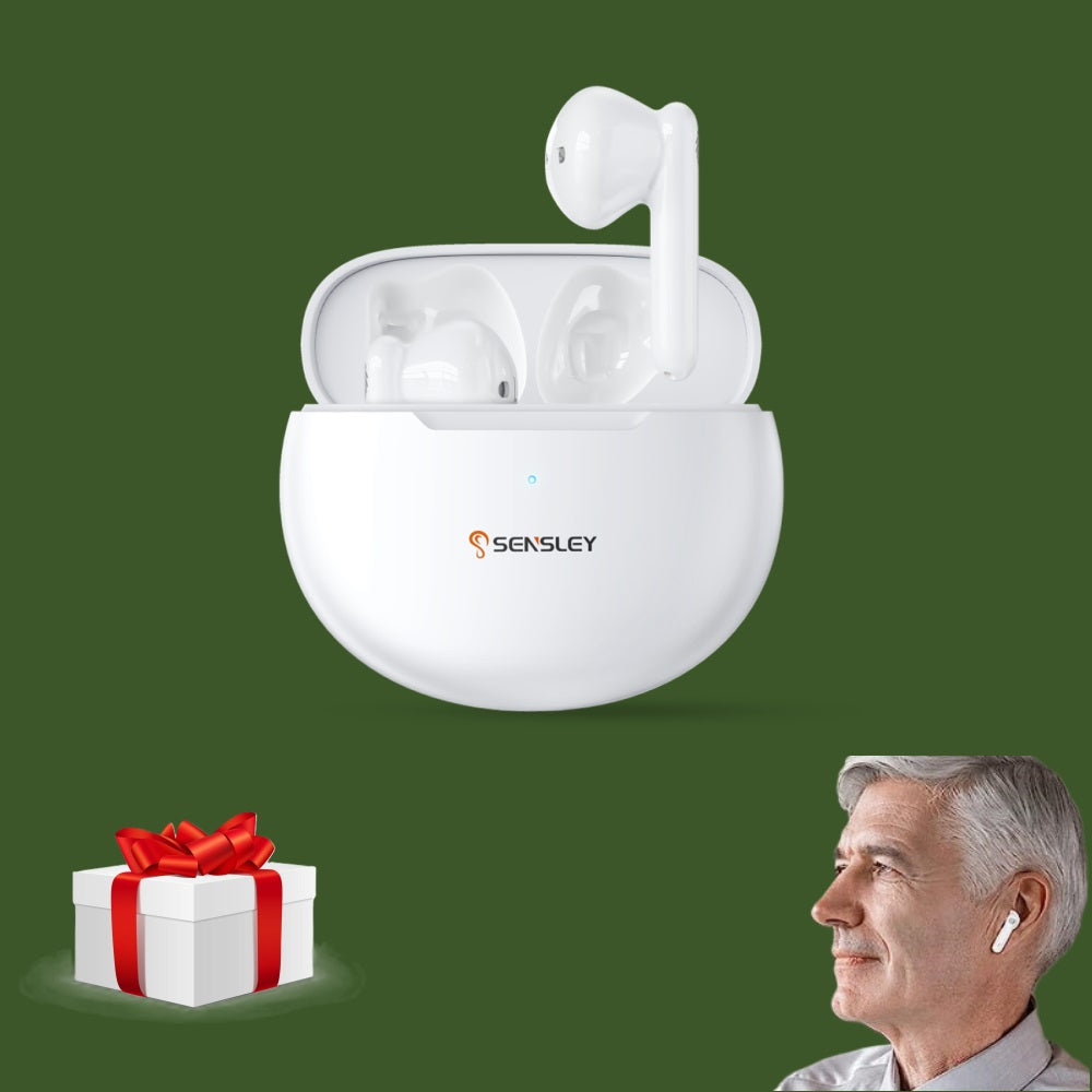 Sensley S01-L Hearing Aid in case, gift box, and person wearing hearing aid