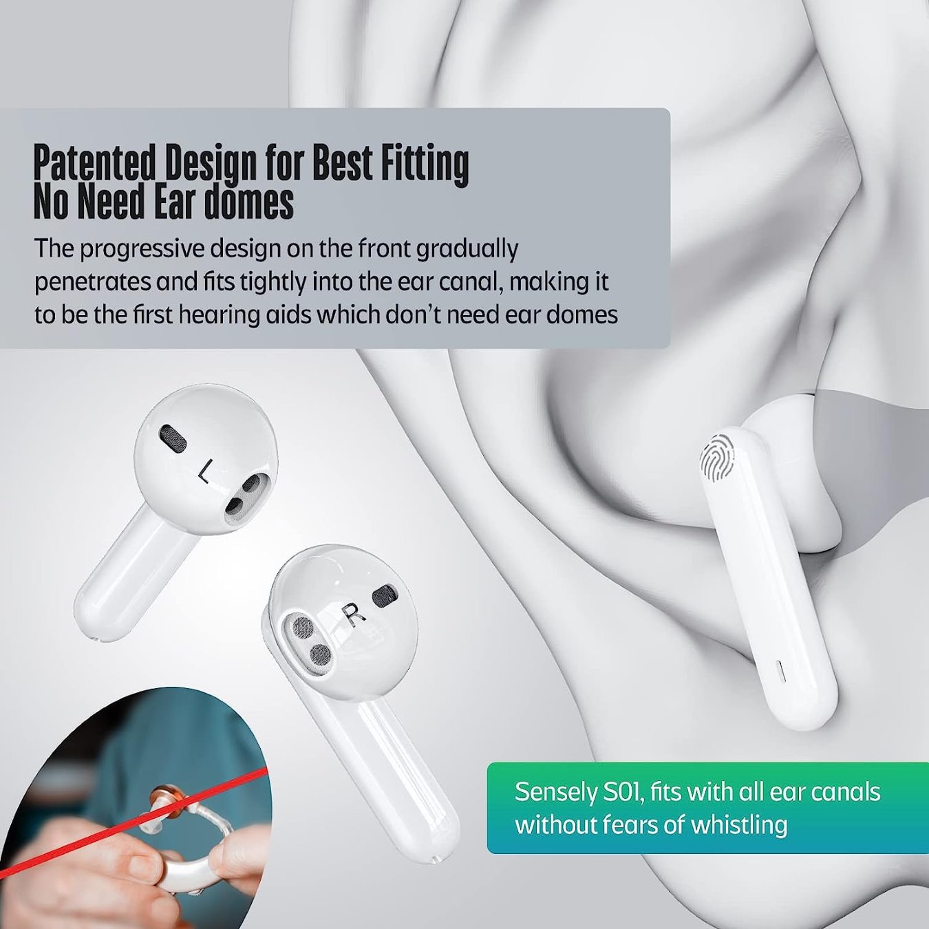 Sensley S01-L Hearing Aids, fits all ear canals, no ear domes