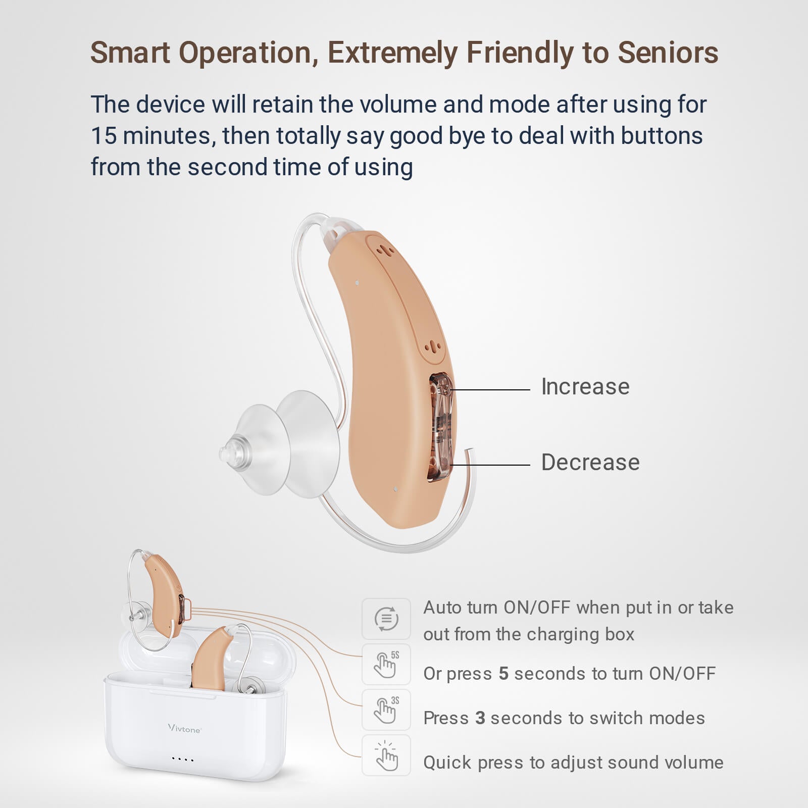 Vivtone hearing aid features: Smart operation, volume control, easy to use