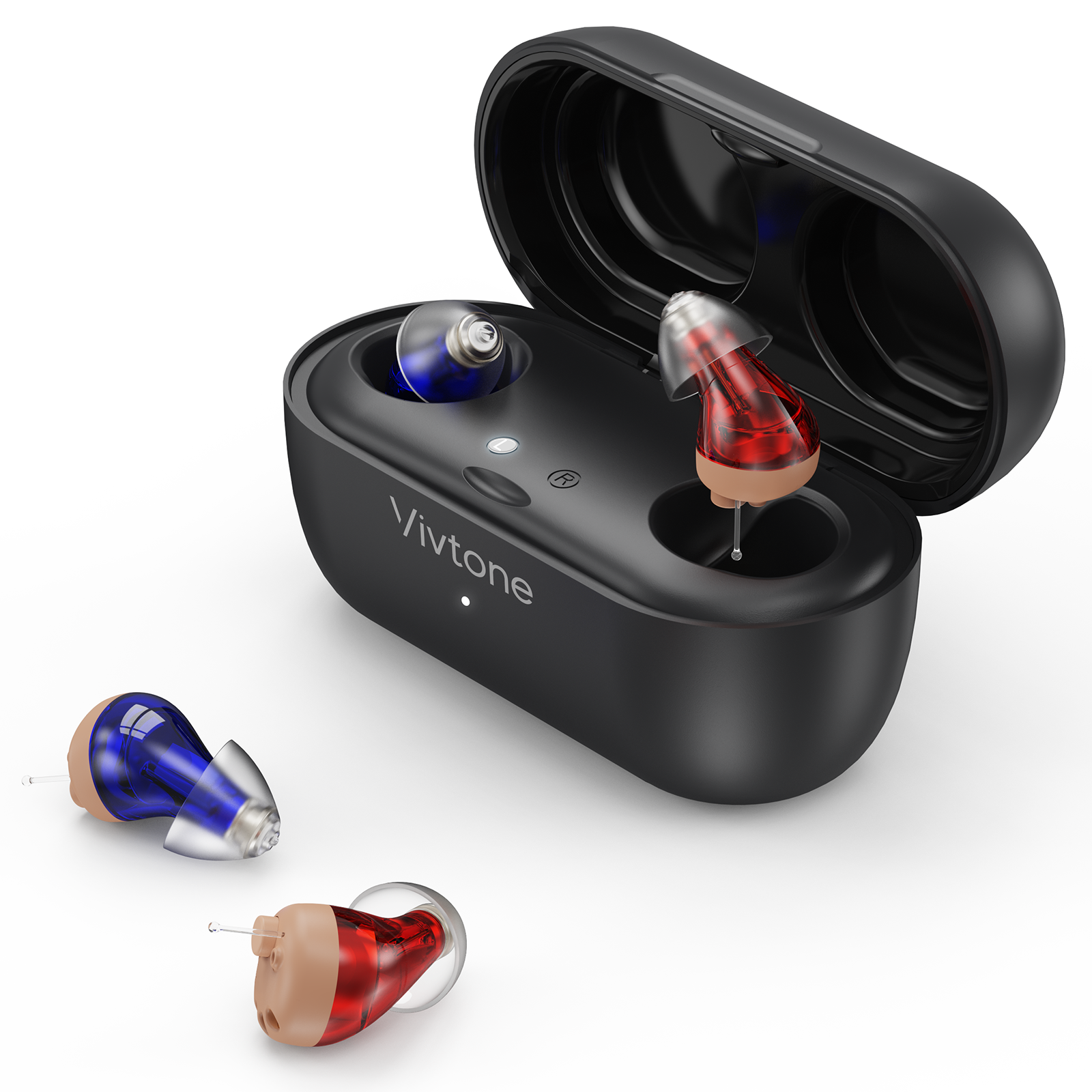 Vivtone Supermini-N CIC hearing aids. Inner ear hearing aid and charging case