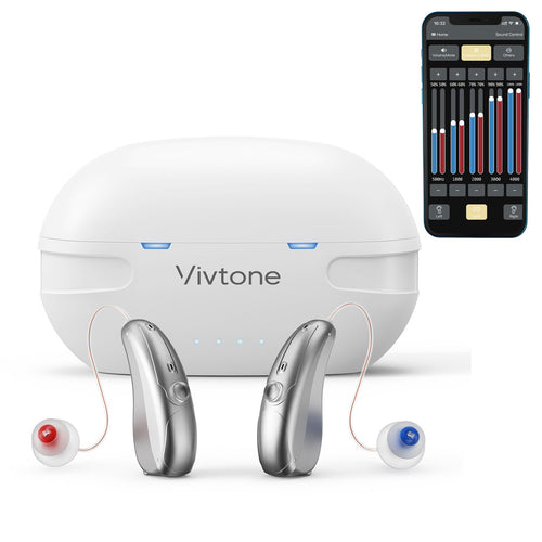 Vivtone Xpure White hearing aids with charging case and app interface