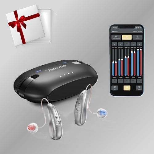 Vivtone Xpure-g Bluetooth hearing aids, charging case, and app control