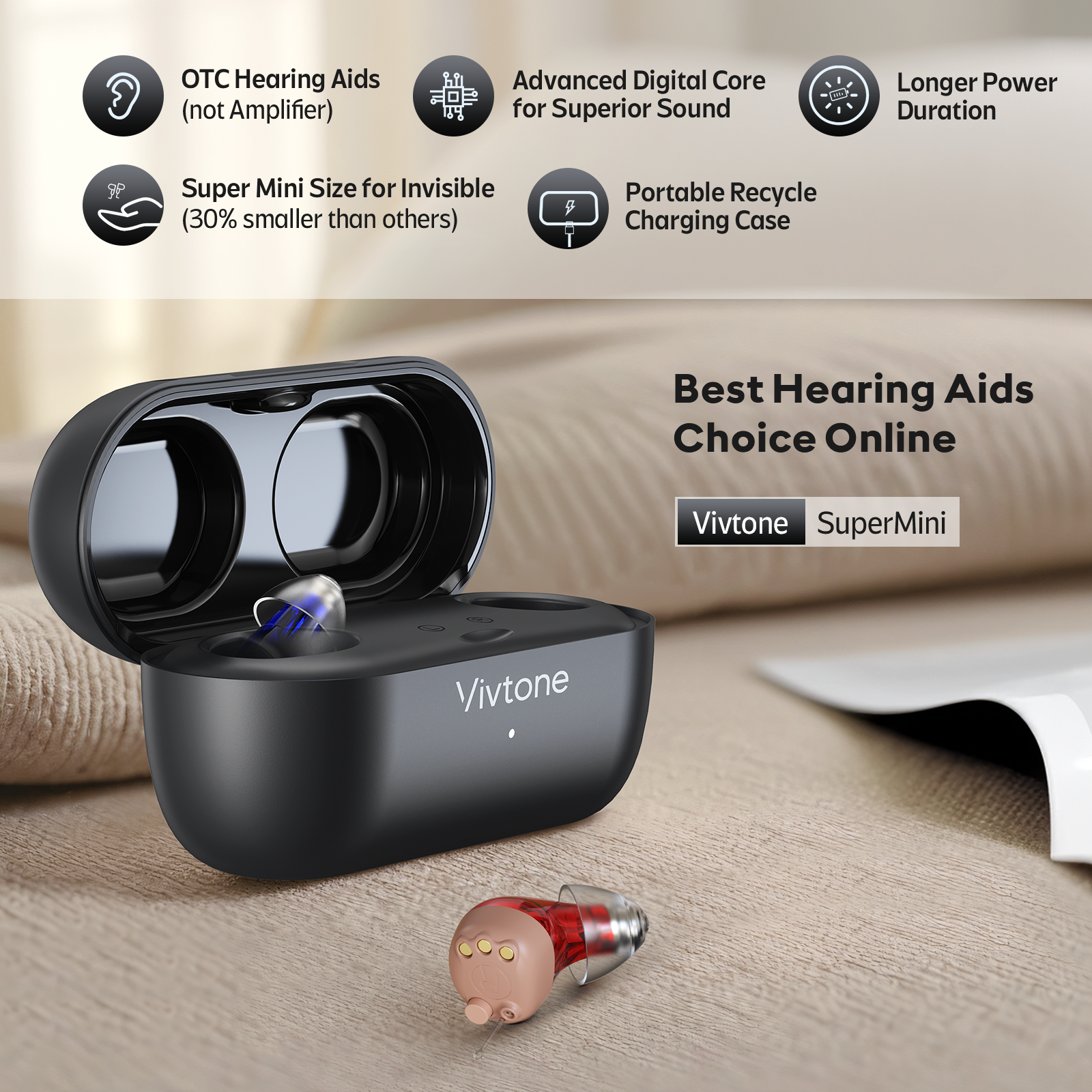Vivtone SuperMini CIC hearing aid in charging case