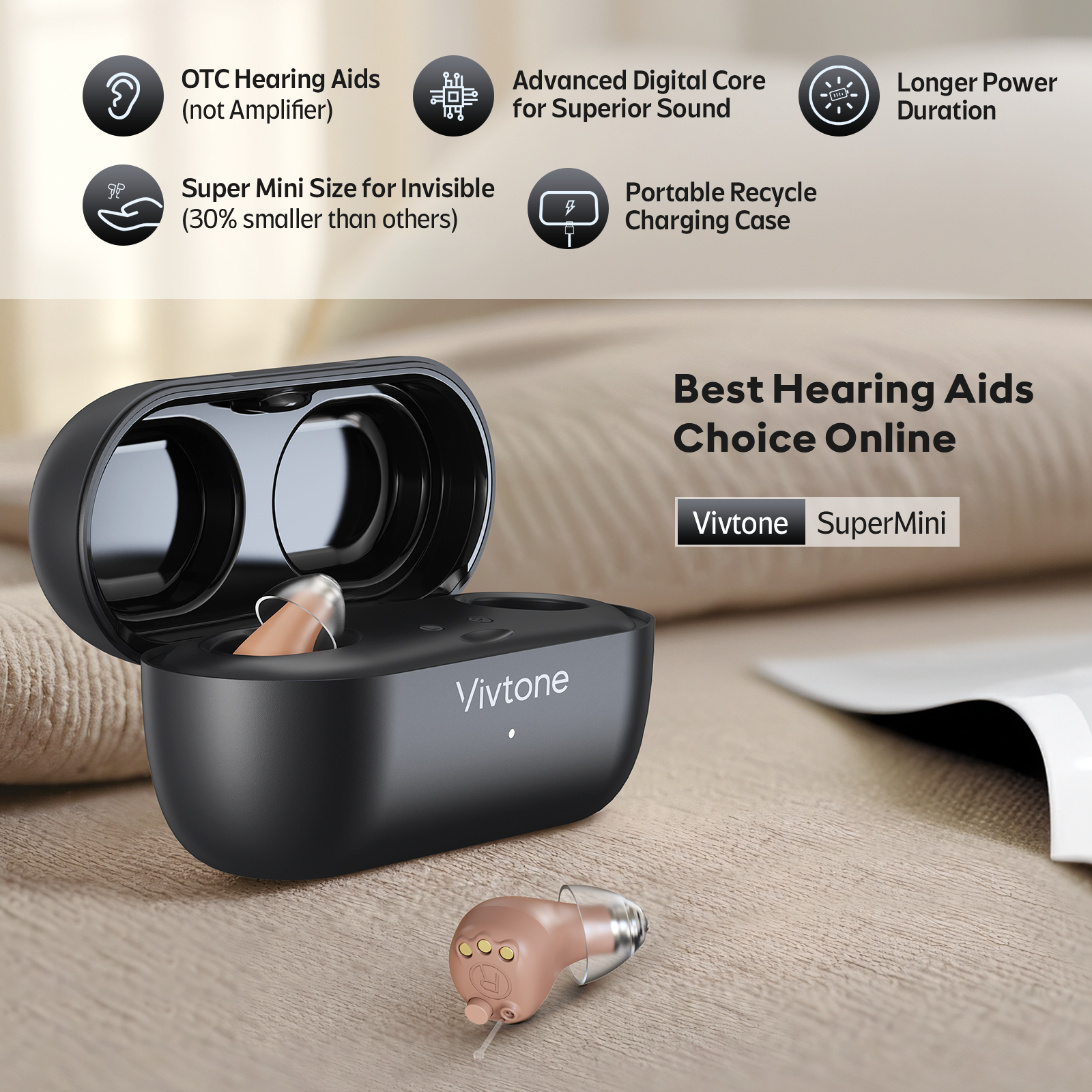 Vivtone SuperMini hearing aid with charging case, best hearing aids online