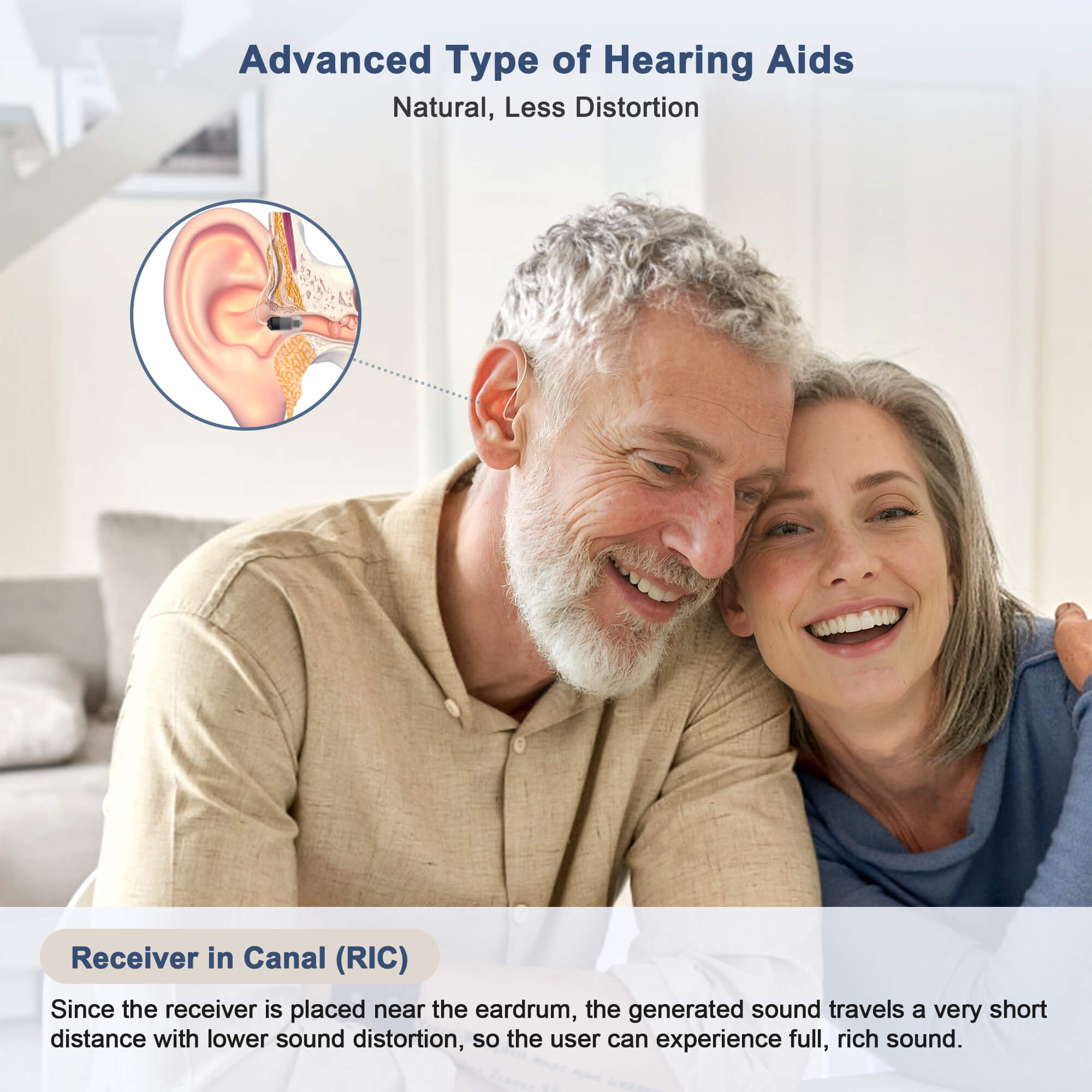 RIC hearing aid technology for clear sound, elderly couple smiling
