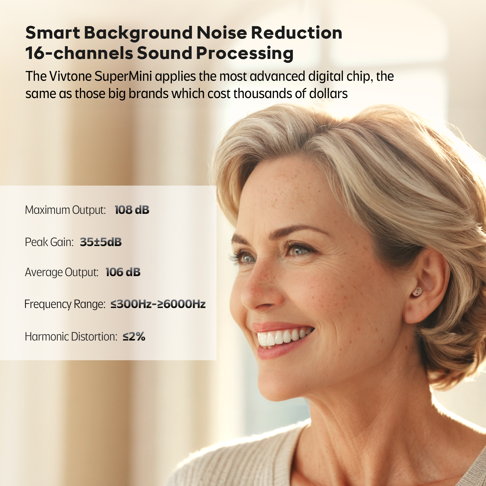 Vivtone hearing aid with smart background noise reduction