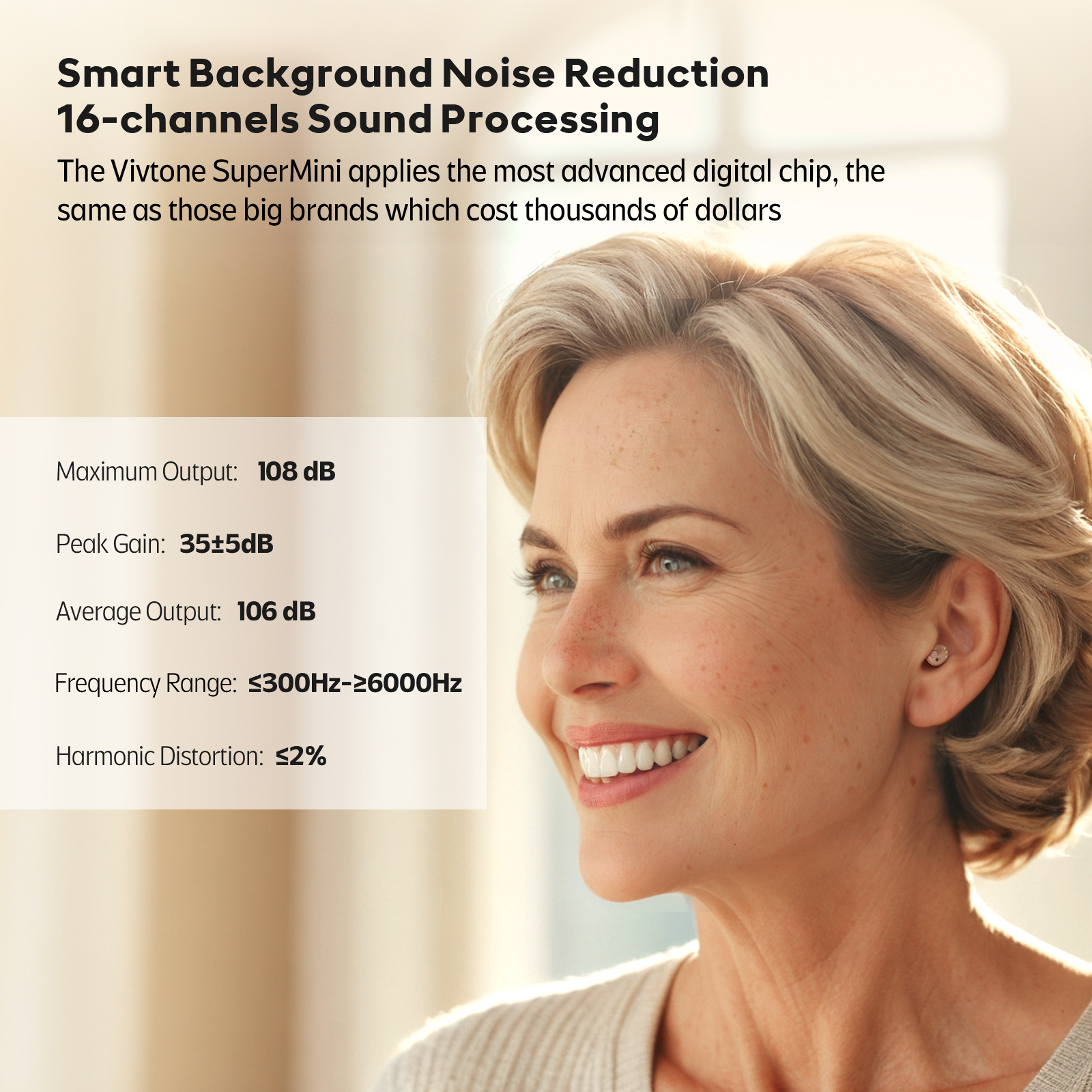 Woman with hearing aids, Smart noise reduction, Vivtone SuperMini
