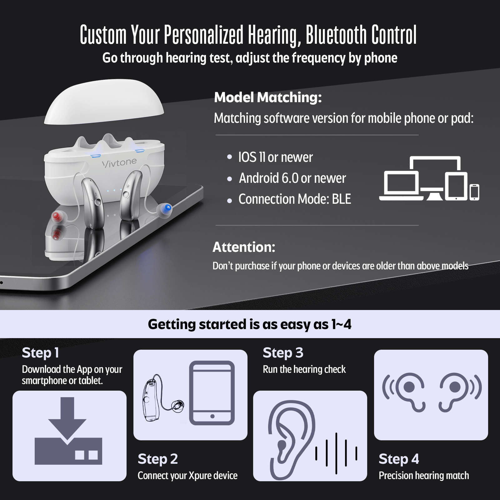 Vivtone Xpure hearing aids setup guide, Bluetooth control