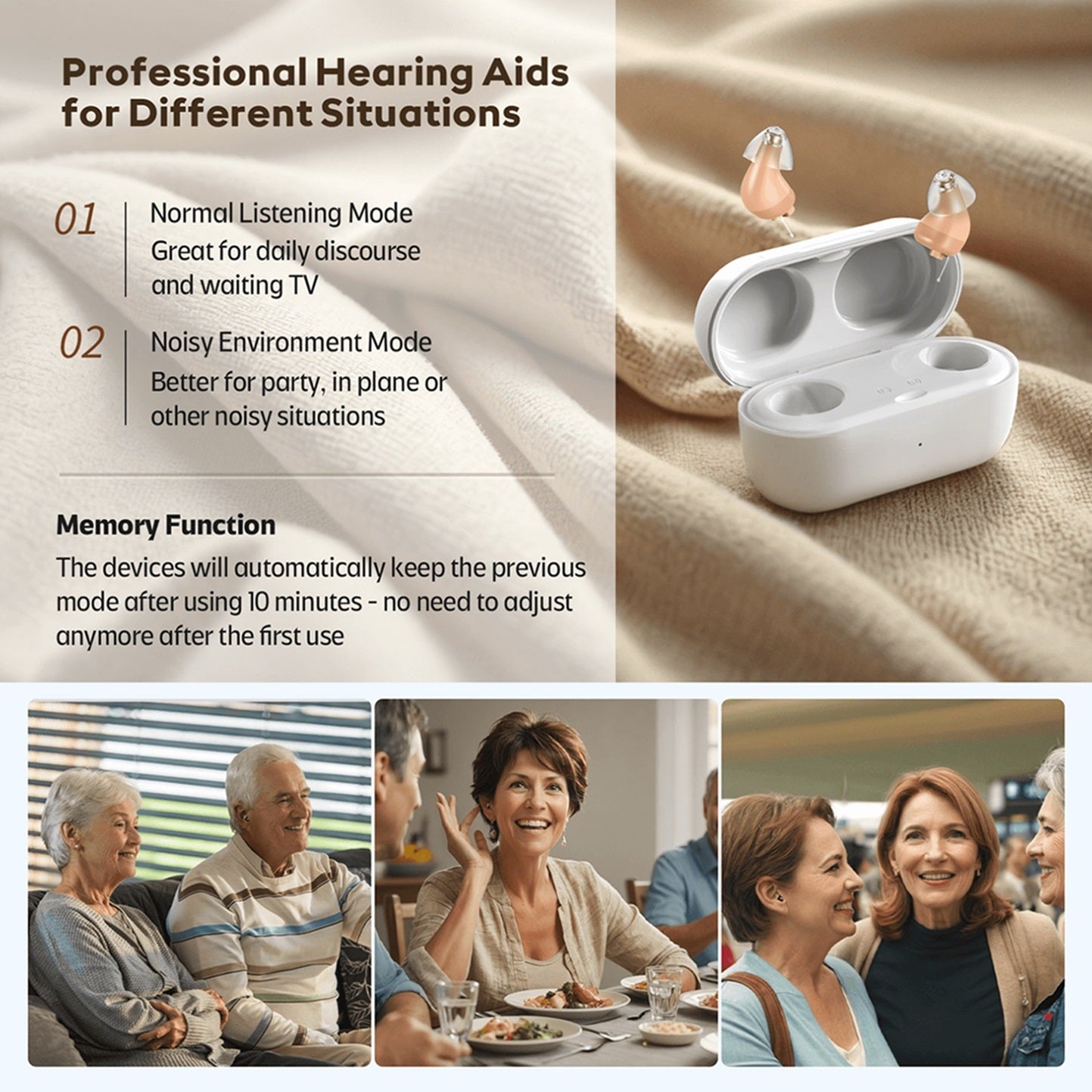 Vivtone hearing aids for different situations: daily conversation, noisy environment