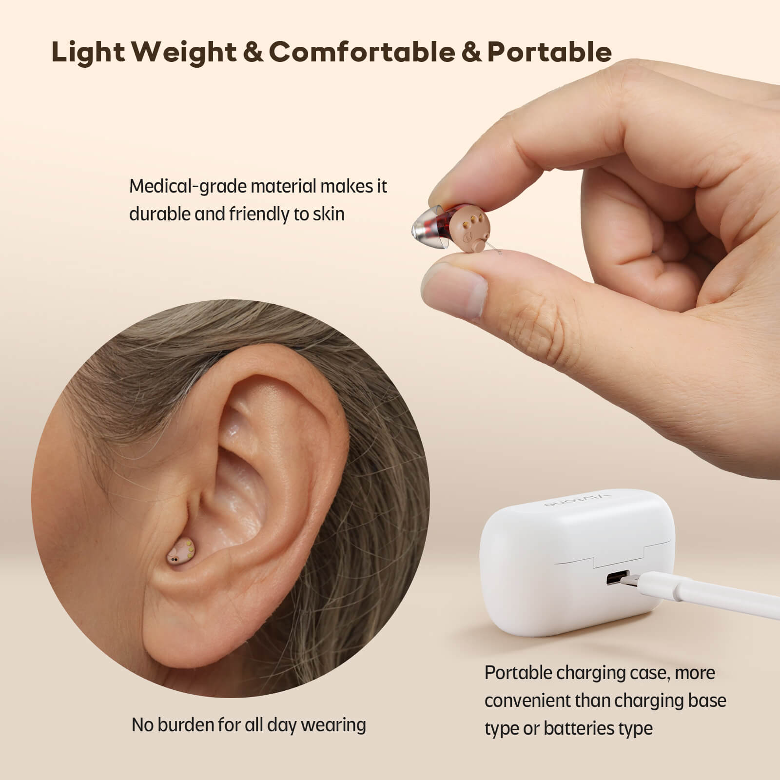 Vivtone Supermini CIC hearing aid in ear, charging case, lightweight and portable