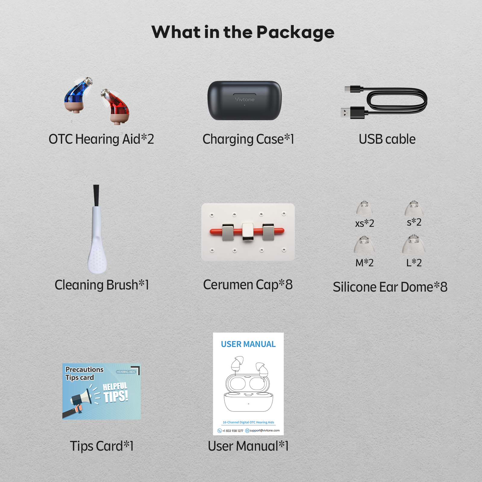 Vivtone hearing aid package contents including OTC hearing aids, charging case, USB cable, cleaning brush, cerumen caps, ear domes, tips card, and user manual.