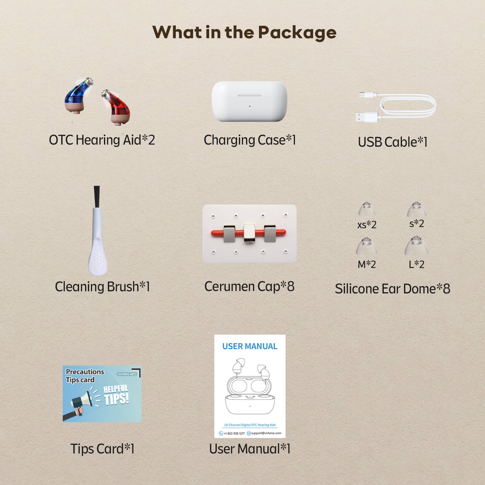 Vivtone Supermini hearing aid package contents, hearing aid accessories