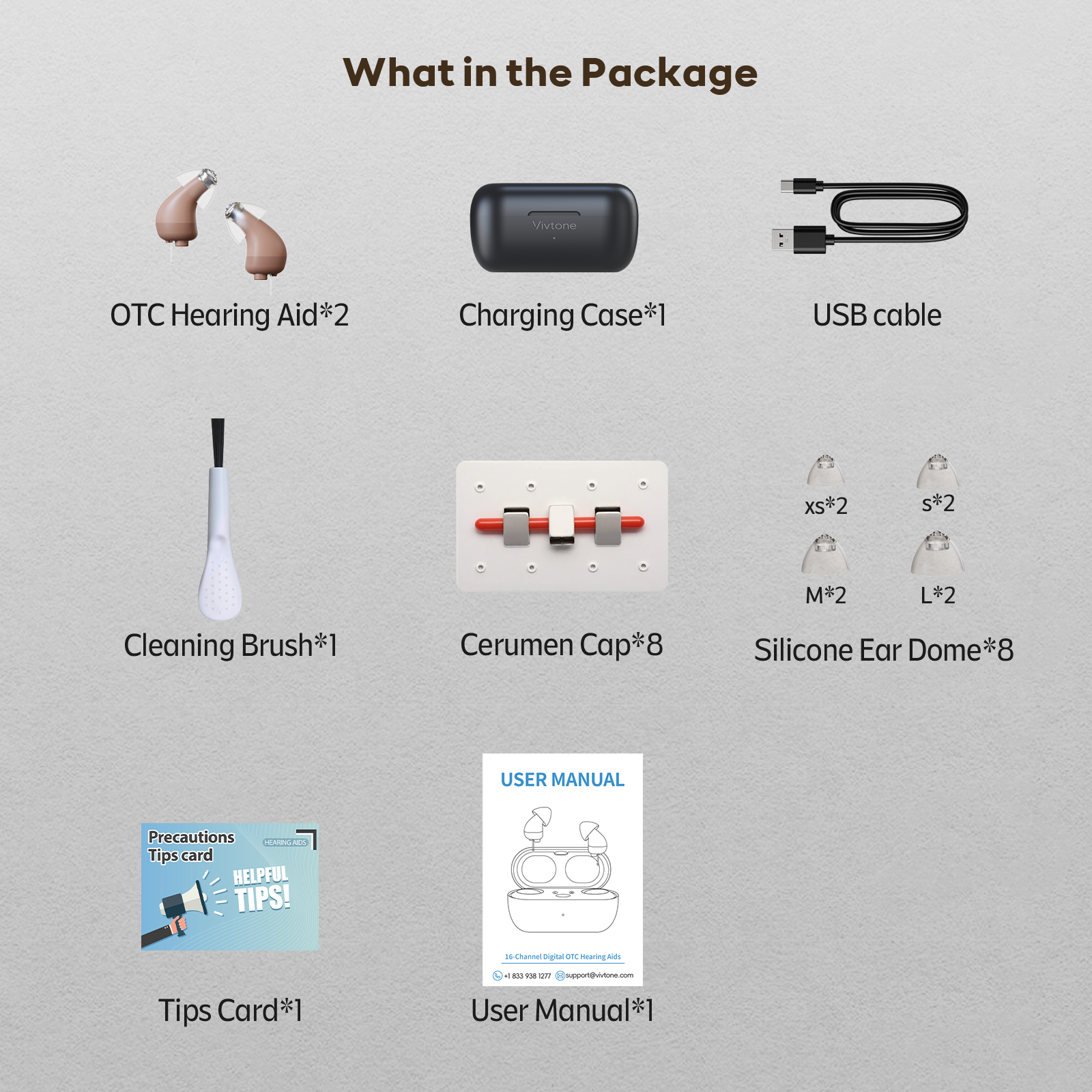 Vivtone Hearing Aid Package Contents: hearing aids, accessories, and manual
