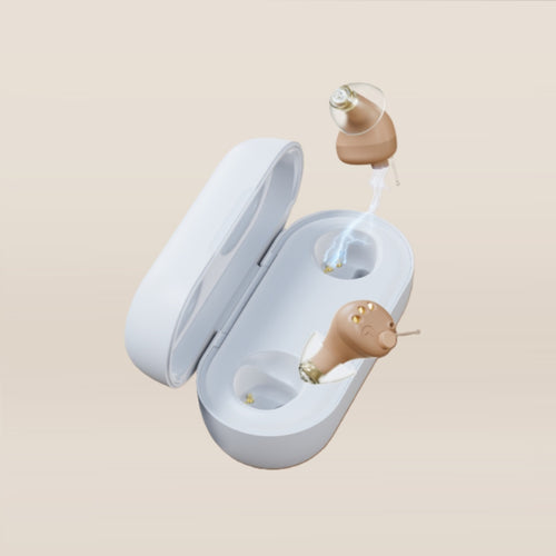 Vivtone Supermini-b1 CIC hearing aids in charging case