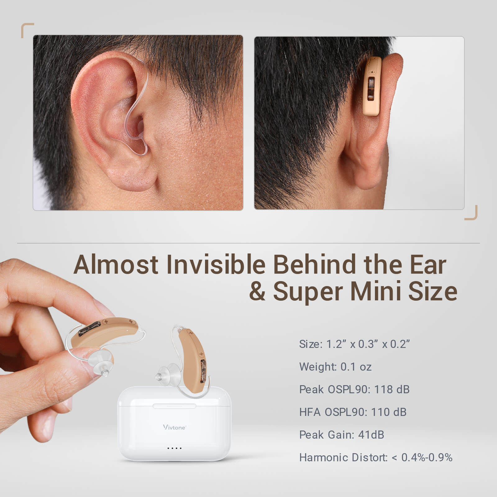 Vivtone Lucid508 BTE hearing aids - almost invisible and mini size