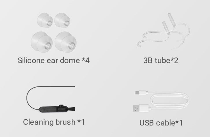 Vivtone Lucid508 hearing aid accessories: silicone ear domes, tubes, brush, and USB cable
