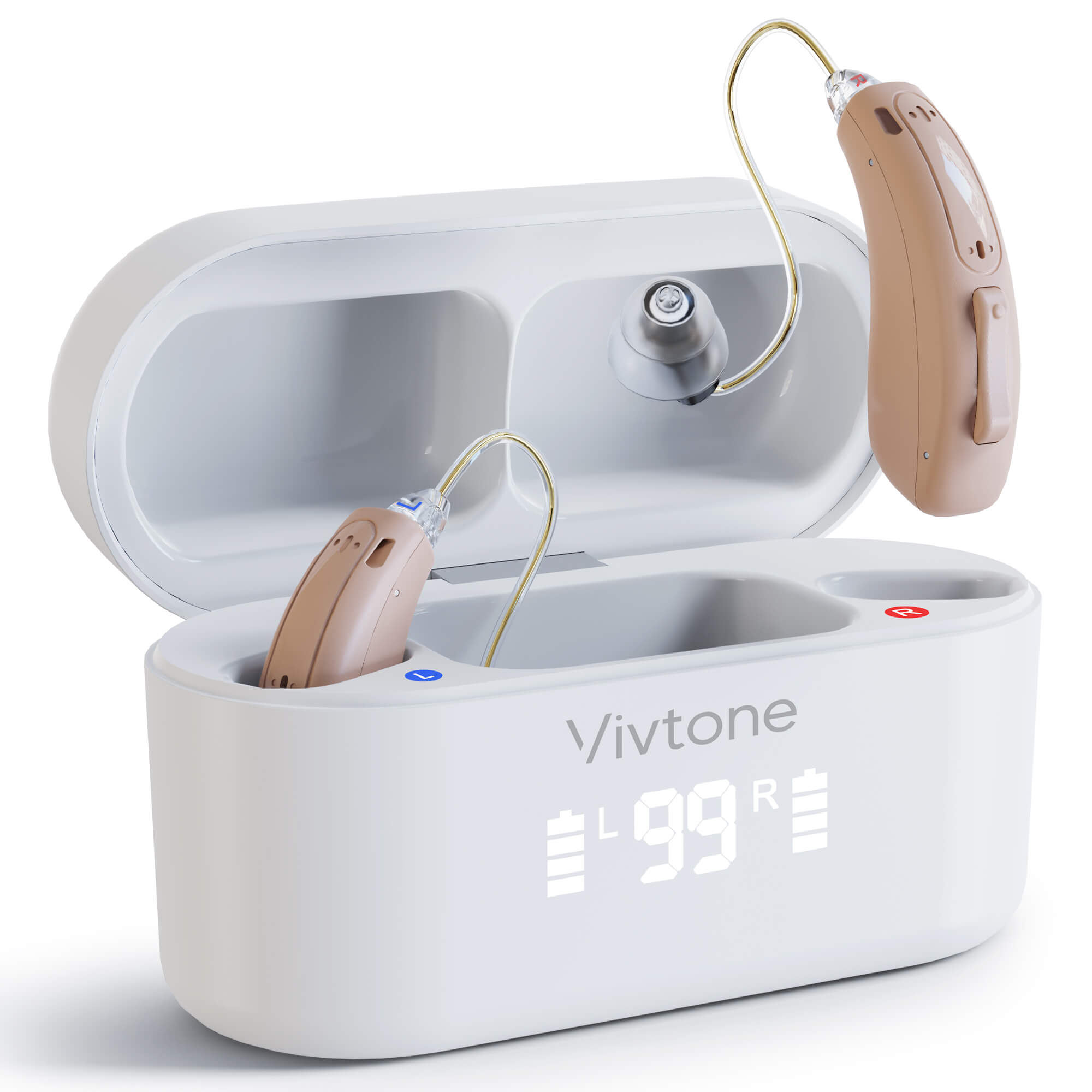 Vivtone Lucid516 RIC hearing aids in charging case, showing charge level.