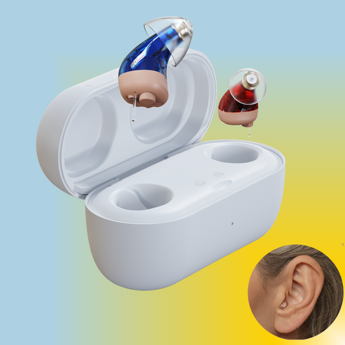 Vivtone Supermini-h CIC hearing aids with charging case and user's ear