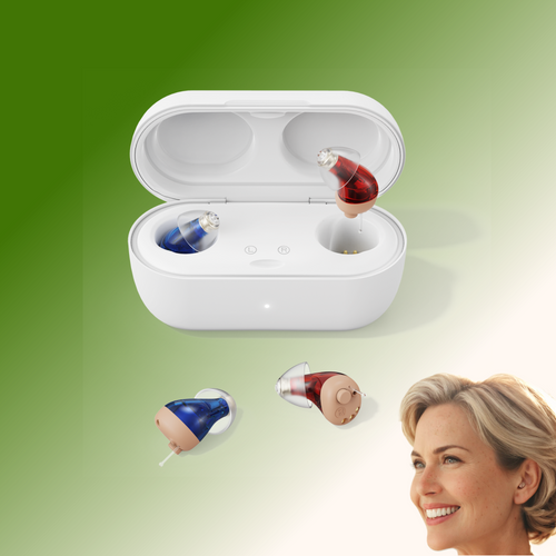 Vivtone Supermini-m CIC hearing aids with charging case, hearing solutions.