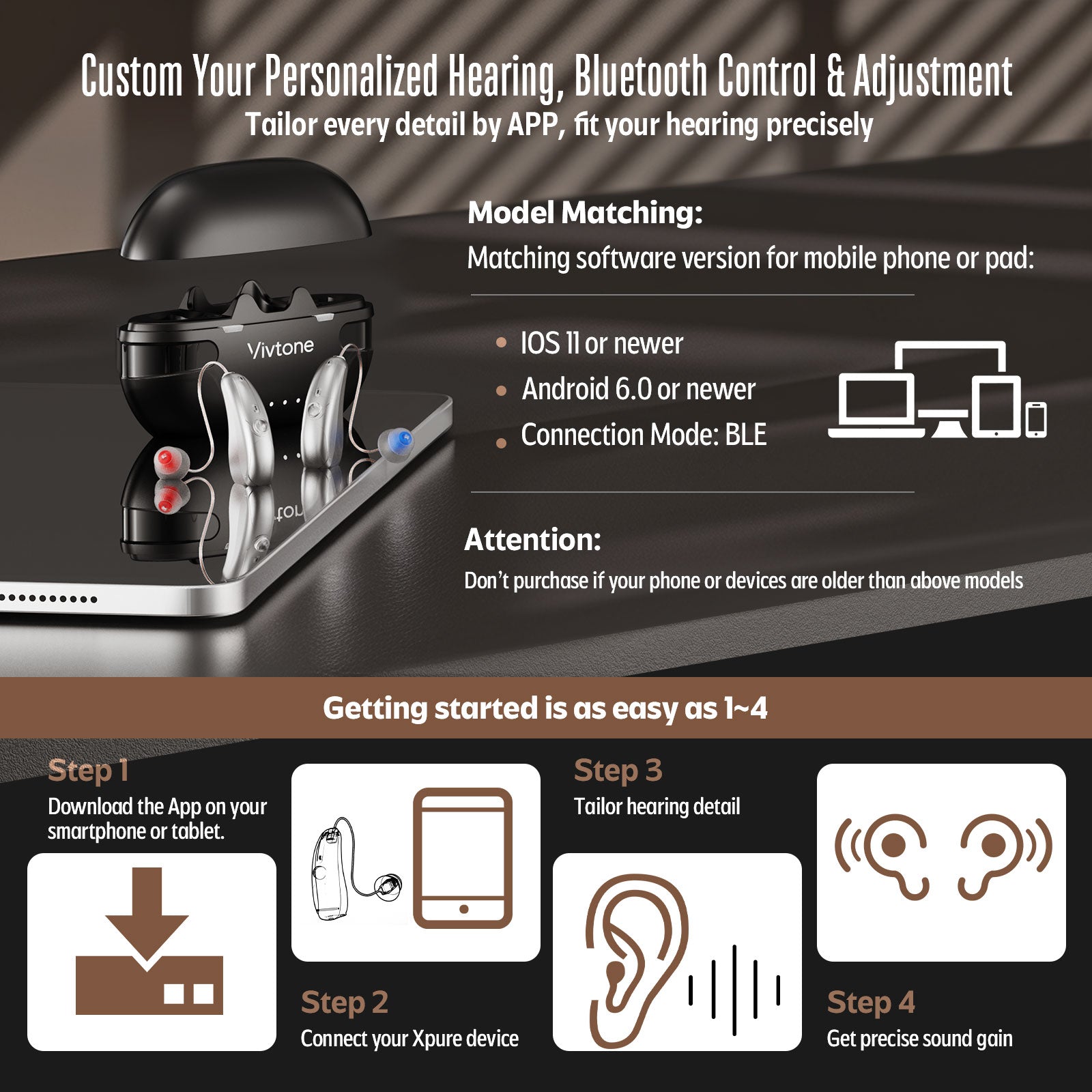 Vivtone Xpure-silver-black Bluetooth Hearing Aids
