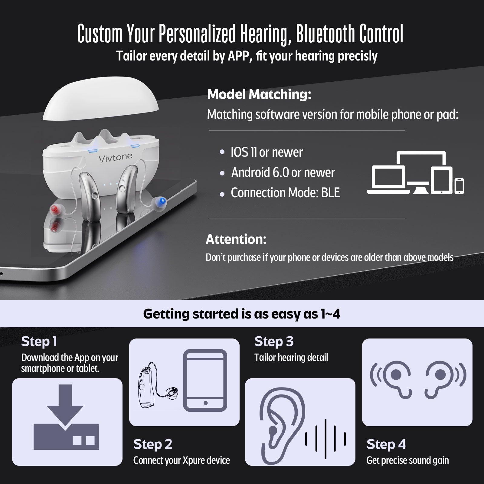 Vivtone Xpure-white-silver Bluetooth Hearing Aids