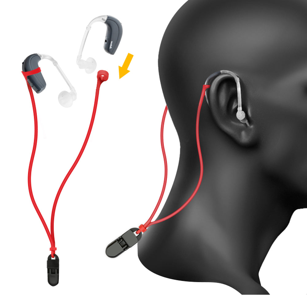 Red hearing aid lanyard demonstration for BTE hearing aids