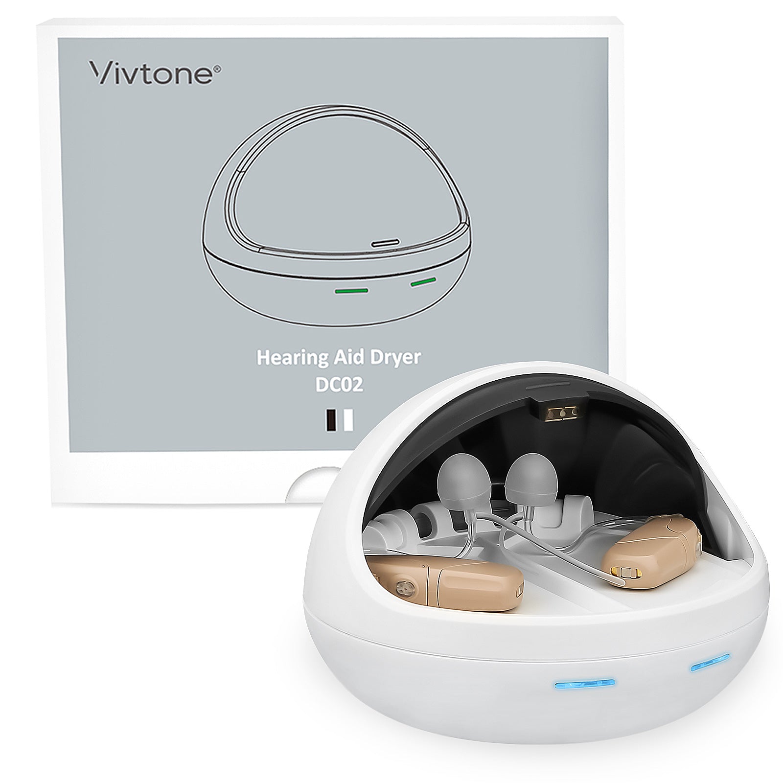 Vivtone DC02 Hearing Aid Dryer Case with hearing aids inside