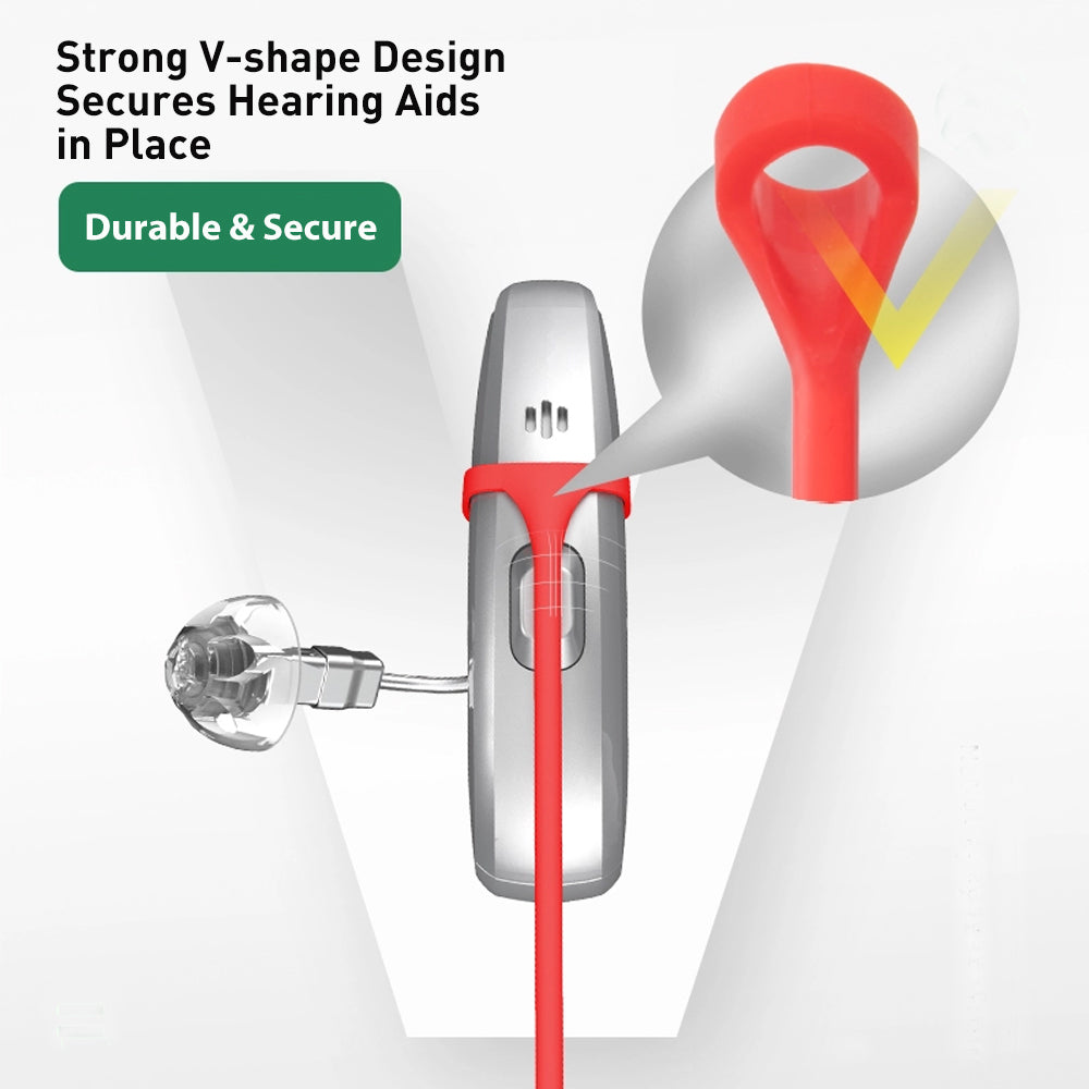 Hearing aid with red lanyard, secure and durable hearing protection