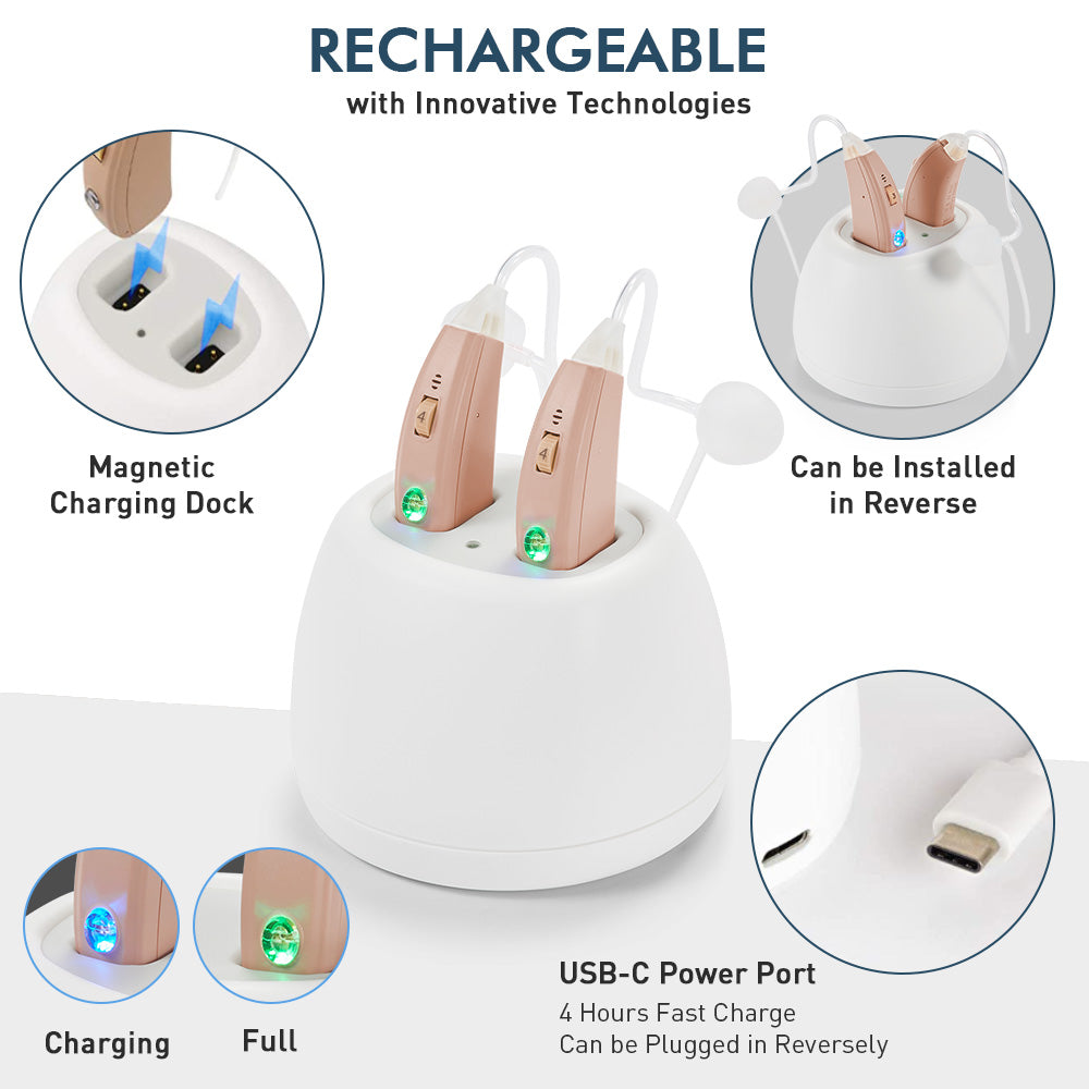 Vivtone Pro20 hearing aids with charging dock, rechargeable hearing solutions