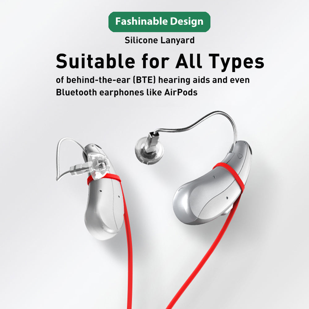 BTE hearing aids with red silicone lanyards, suitable for all types of hearing devices