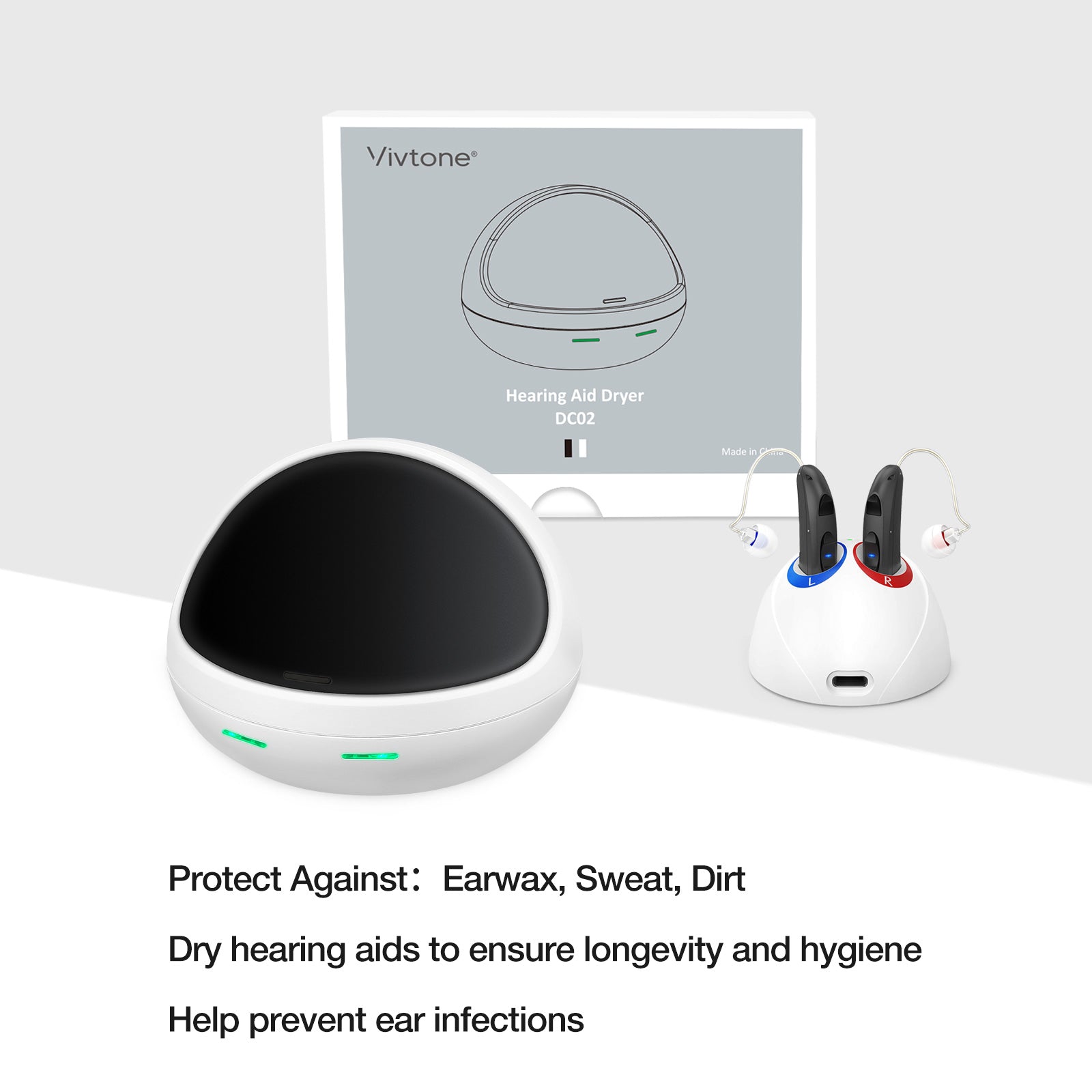 Vivtone DC02 hearing aid dryer and hearing aids