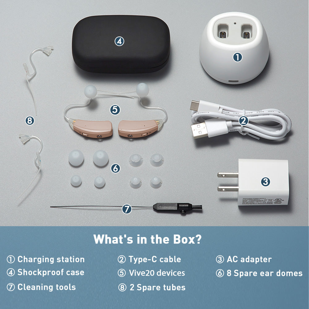 Vivtone Pro20 Hearing Aid Kit: Contents of the box including charging station, devices and accessories.