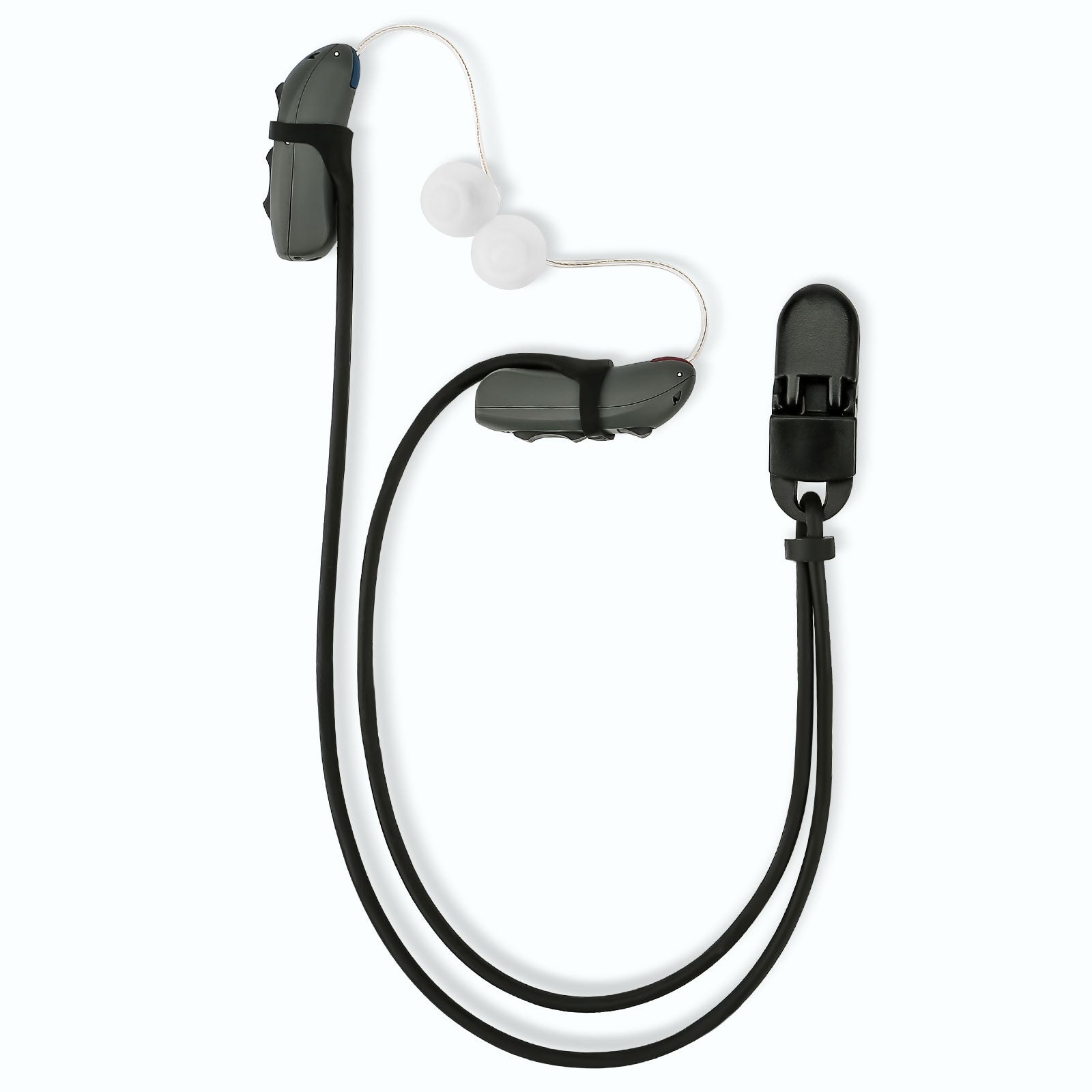 Black hearing aid lanyard with clip, BTE hearing aid protector