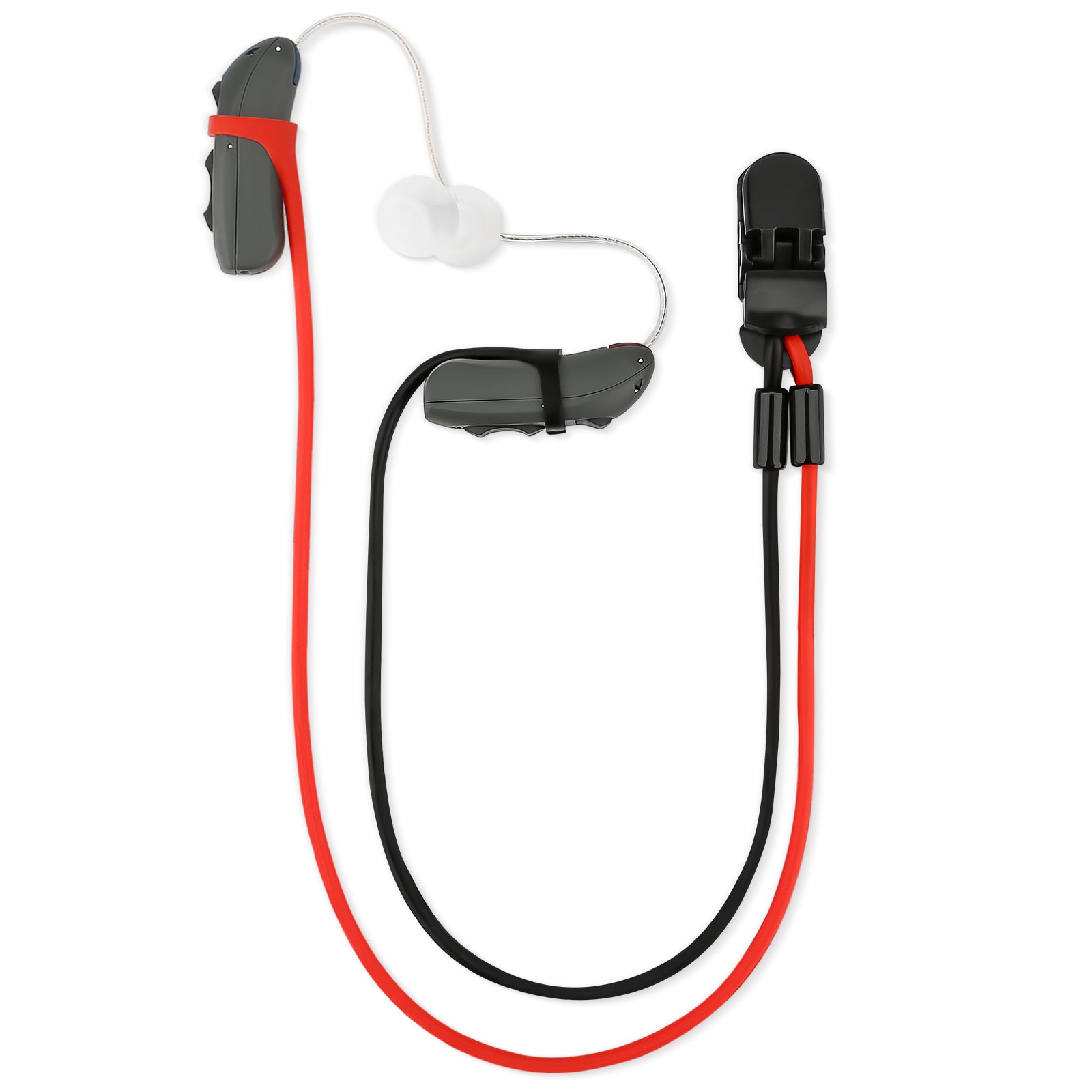 Hearing aid lanyard and clip, black and red, for BTE hearing aids